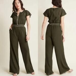 Modcloth Jumpsuit Intrigue Mastery Chiffon Wide Leg Olive Green Boho Size S